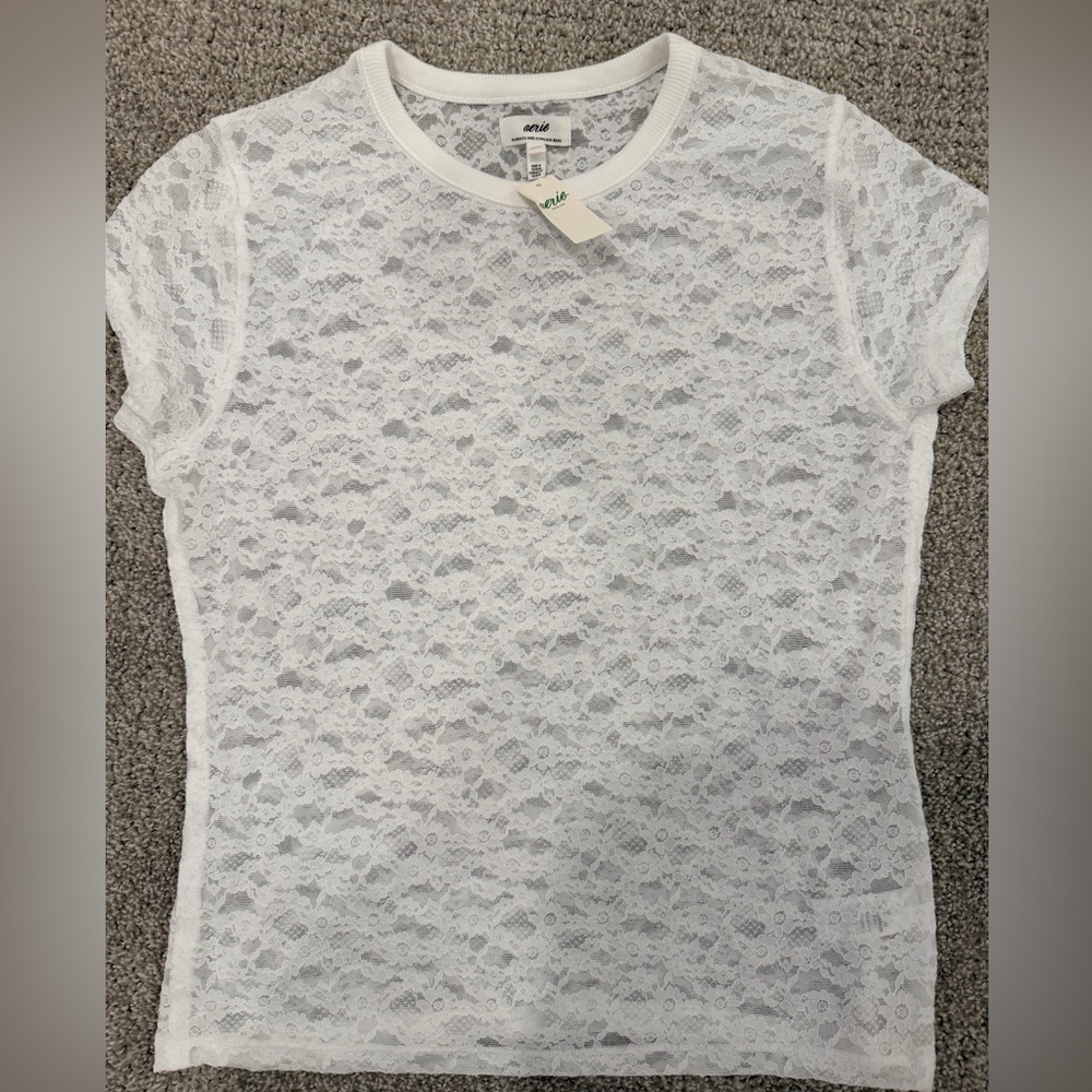 aerie White Floral Lace Crewneck Top